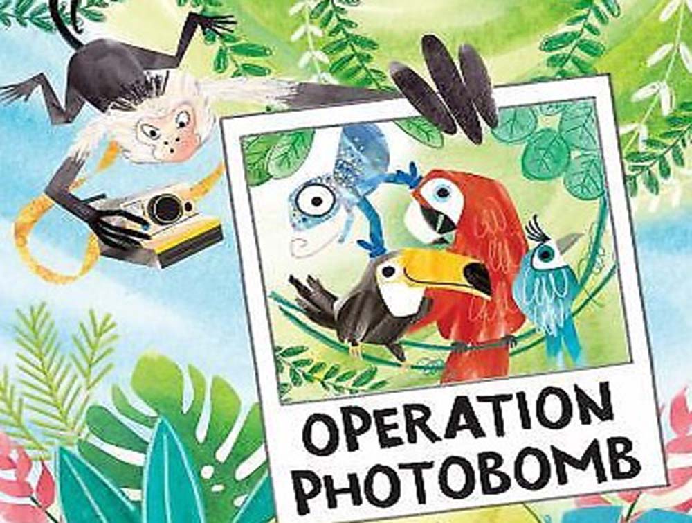 monkey holding photobombed picture